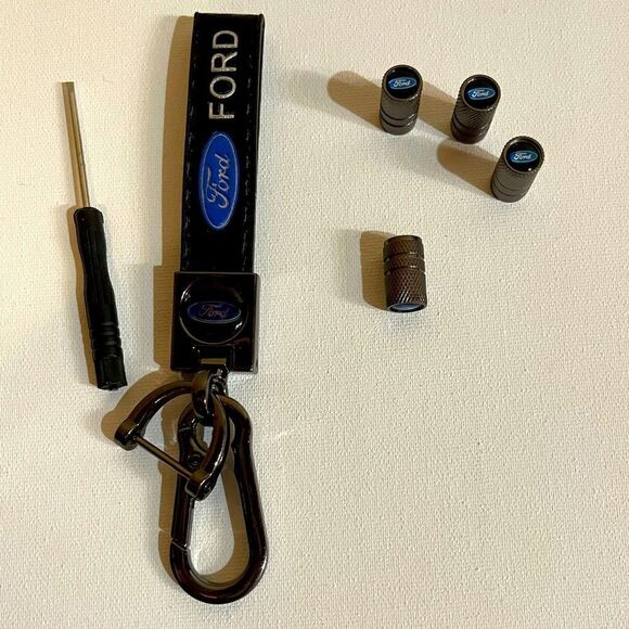 Ford fob Keychain black leather & valve Stem caps gray NWT - Picture 1 of 6